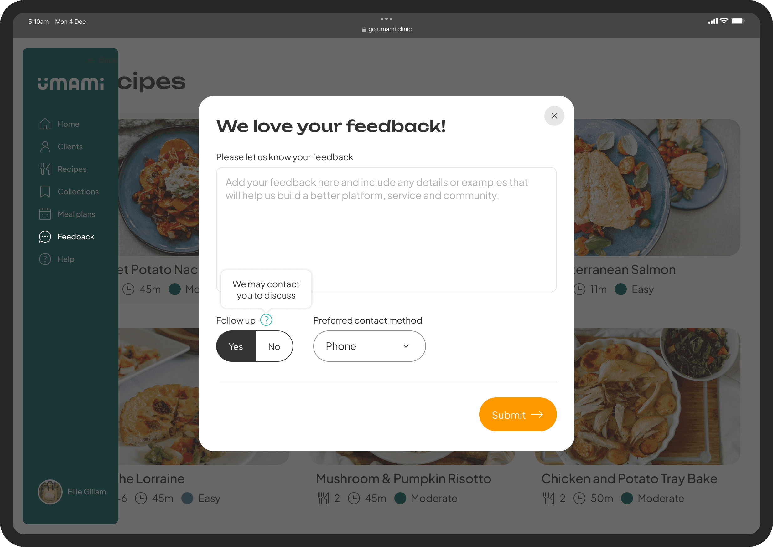 Screenshot of a feedback form